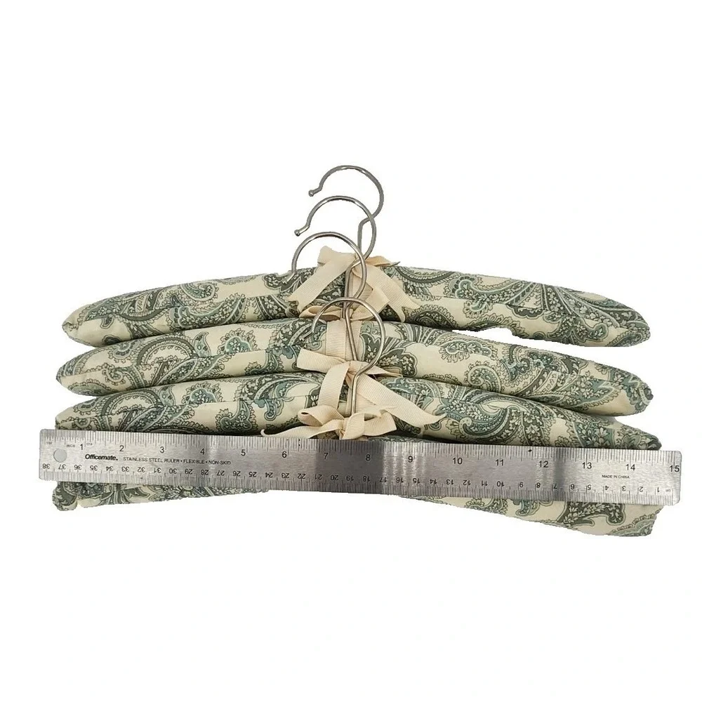 Set of 4 Padded‎ Clothes Hangers Teal Cream Paisley Fabric Ribbon Bow 15.5 Inch